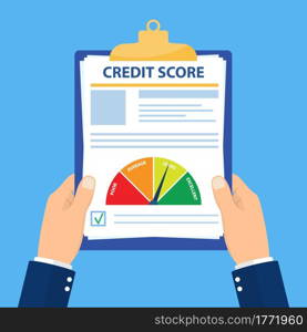 Credit score, gauge. Holding the clipboard in the hands of a man with a personal credit information. Credit history and rating. Vector illustration in flat style. Credit score, gauge.