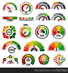 Credit score speedometer. Goods rating indication, good gauge indicator client satisfaction meter ratings and graph speedometers level indicators or quality speedometer isolated vector icons set. Credit score speedometer. Goods rating indication, good gauge indicator and graph speedometers level indicators isolated vector set
