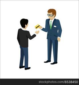 Credit Service concept vector Illustration. . Credit service vector concept in isometric projection. Customer received credit card from bank employee. Illustration for business, finance companies ad, apps design, icons, infographics.