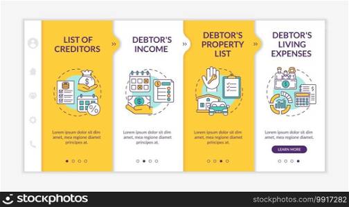 Creditor and debtor contract onboarding vector template. Bankruptcy. Living expense. List of creditors. Responsive mobile website with icons. Webpage walkthrough step screens. RGB color concept. Creditor and debtor contract onboarding vector template