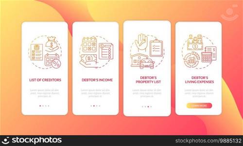 Creditor and debtor red onboarding mobile app page screen with concepts. Banking, accounting. Financial crisis walkthrough 5 steps graphic instructions. UI vector template with RGB color illustrations. Creditor and debtor red onboarding mobile app page screen with concepts