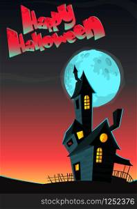Creepy and scary haunted house silhouette. Halloween background illustration