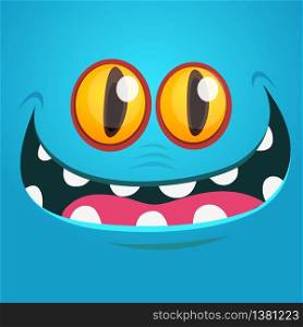 Creepy cartoon monster face. Vector Halloween blue monster illustration. Design for children book, print, party decoration