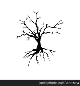 Creepy dead tree silhouette vector illustration. Autumn, winter season, nature death hand drawn monocolor symbol. Scary tree with bare crown monochrome drawing. Lonely wood, dry branches, root system. Creepy dead tree silhouette vector illustration