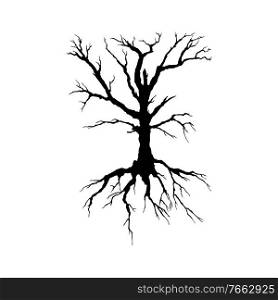 Creepy dead tree silhouette vector illustration. Autumn, winter season, nature death hand drawn monocolor symbol. Scary tree with bare crown monochrome drawing. Lonely wood, dry branches, root system. Creepy dead tree silhouette vector illustration