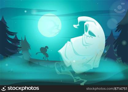 Creepy Halloween background with ghost and zombie in dark forest at night. Vector cartoon spooky illustration of midnight landscape with coniferous trees, full moon, spirit and silhouette of zombi. Creepy Halloween background with ghost and zombie