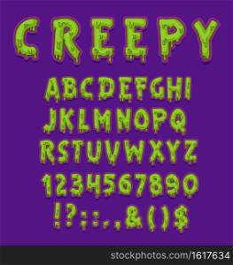 Creepy Halloween font of vector green slime type with capital letters and digits or numbers. Horror alphabet of spooky zombie monster or alien toxic goo with slimy drops and radioactive glow. Creepy Halloween font of green slime letter type