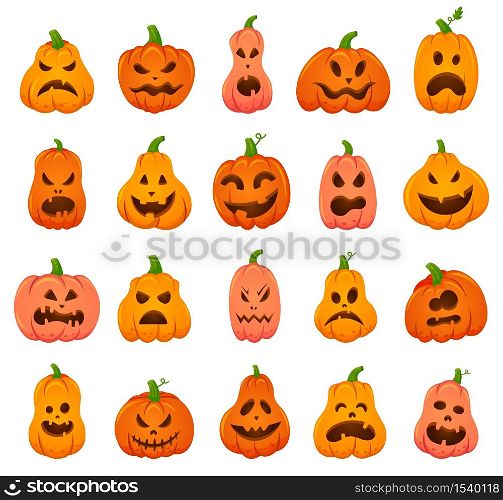 Creepy halloween pumpkins. Cartoon orange pumpkin traditional holiday decoration, scary, spooky face pumpkins vector illustration icons set. Smile halloween scary pumpkin. Creepy halloween pumpkins. Cartoon orange pumpkin traditional holiday decoration, scary, spooky face pumpkins vector illustration icons set