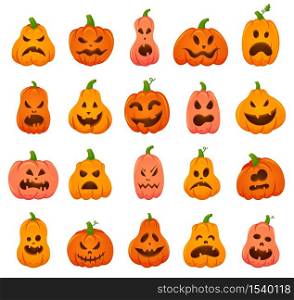 Creepy halloween pumpkins. Cartoon orange pumpkin traditional holiday decoration, scary, spooky face pumpkins vector illustration icons set. Smile halloween scary pumpkin. Creepy halloween pumpkins. Cartoon orange pumpkin traditional holiday decoration, scary, spooky face pumpkins vector illustration icons set