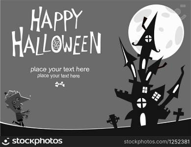 Creepy haunted castle with full moon behind and zombie. Halloween cartoon background illustration. Poster or invitation placard design for Halloween party