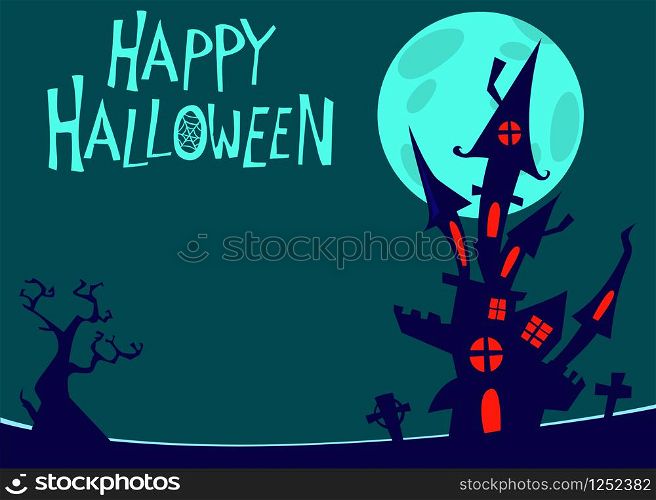Creepy haunted castle with full moon behind. Halloween cartoon background illustration. Poster or invitation placard design for Halloween party