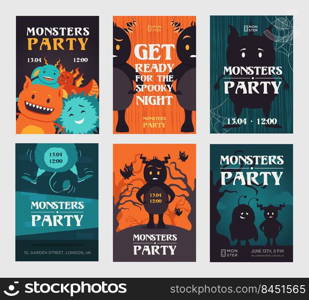 Creepy monster party invitation designs with beasts. Stylish spooky night invitations with text. Celebration and Halloween concept. Template for leaflet, banner or flyer