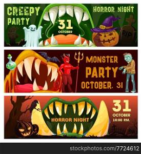 Creepy party, horror night vector flyers with monster mouths and Halloween characters zombie, devil, ghost, bats and pumpkins. Night event invitation cards with open toothy jaws cartoon banners set. Creepy party horror night vector Halloween banners