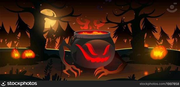 Creepy witch cauldron with magic potion in night forest Halloween background. Wizard pot with brew under full moon in dark wood with pumpkin lanterns spooky game scene, Cartoon vector illustration. Creepy witch cauldron with potion in night forest