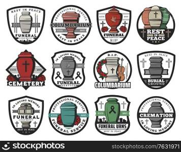 Cremation urn isolated vector badges of funeral service. Columbarium vases, jars and pots for ashes with cemetery tombstone crosses, memorial wreaths and candles, RIP ribbons, doves and crucifixes. Cremation urn isolated badges, funeral service