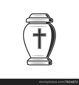 Cremation urn with cross isolated jar with dead ash. Vector vase with human dust monochrome icon. Burial vase with cross isolated cremation urn