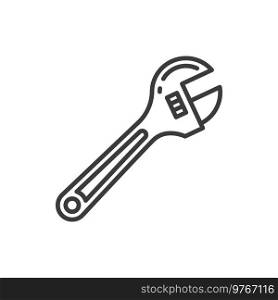 Crescent adjustable wrench isolated outline icon. Vector conventional fixed metal spanner linear sign, spanner open-end wrench with movable jaw. Adjustable-wrench plumber tool plumbing hand instrument. Adjustable wrench plumbing tool isolated line icon