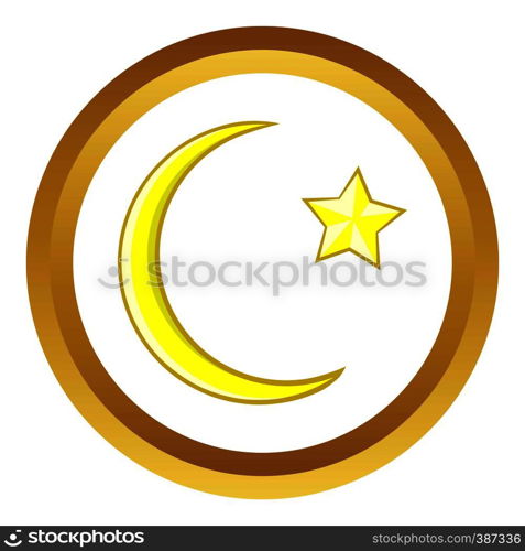 Crescent and star cartoon vector icon in golden circle, cartoon style isolated on white background. Crescent and star cartoon vector icon