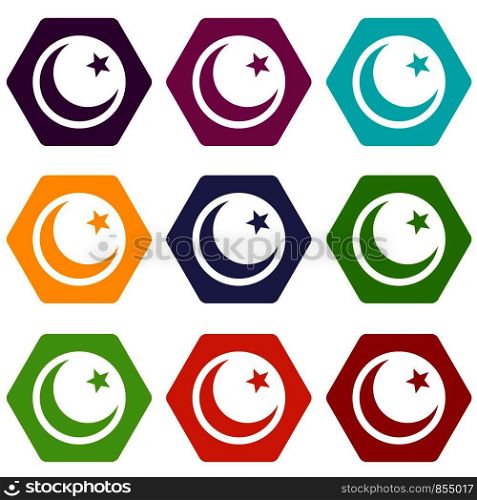 Crescent and star icon set many color hexahedron isolated on white vector illustration. Crescent and star icon set color hexahedron