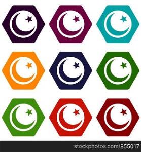 Crescent and star icon set many color hexahedron isolated on white vector illustration. Crescent and star icon set color hexahedron