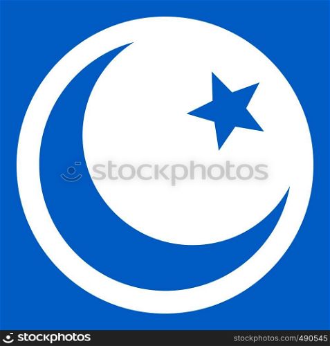 Crescent and star icon white isolated on blue background vector illustration. Crescent and star icon white