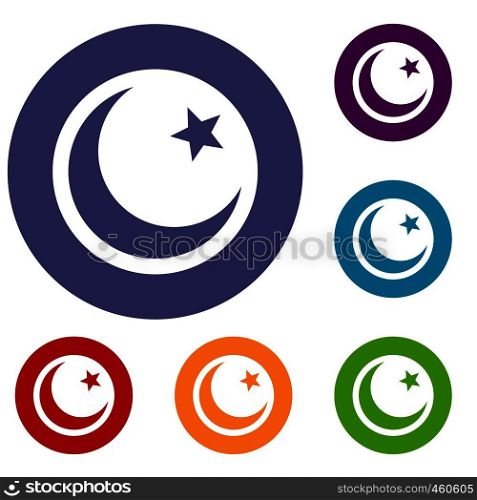 Crescent and star icons set in flat circle reb, blue and green color for web. Crescent and star icons set
