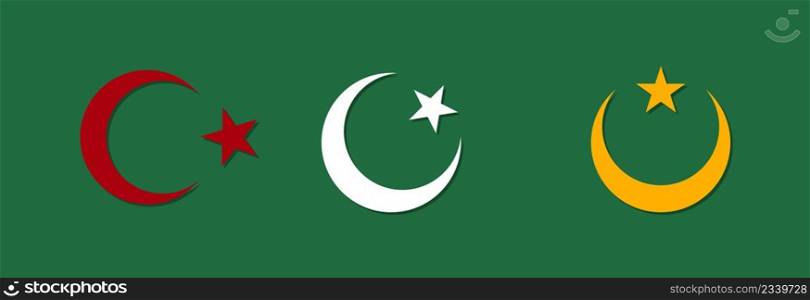 Crescent and star in different colors on a green background. 