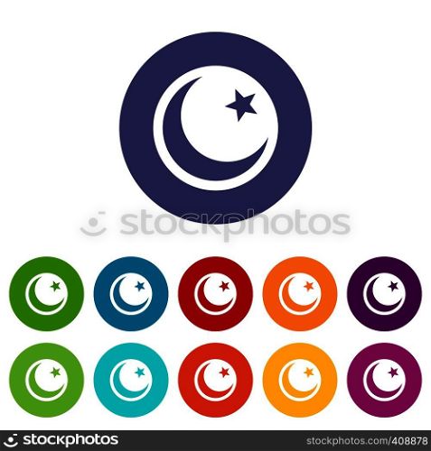 Crescent and star set icons in different colors isolated on white background. Crescent and star set icons