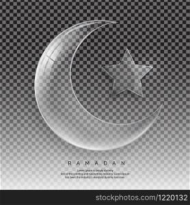 Crescent moon and Star transparent glass with glares and highlights. Vector illustration, contains transparencies, gradients and effects, Ramadan concept.