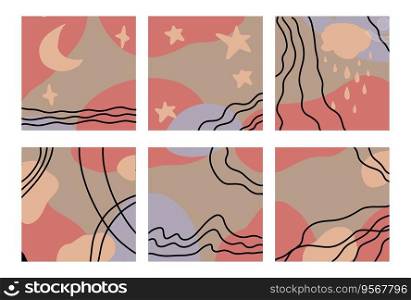 Crescent moon with stars, cloud with raindrops falling. Print with waves, and space theme, fashionable multi panel decoration or adornment for home, stylishly painting. Vector in flat styles. Space themed prints with crescent moon and stars