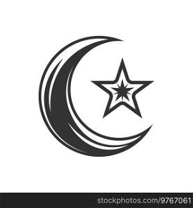 Crescent star and moon isolated monochrome icon. Vector islamic symbol, moonlight at sky. Ramadan symbol, crescent moon and star isolated