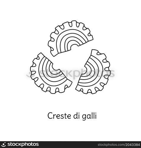 Creste di galli pasta illustration. Vector doodle sketch. Traditional Italian food. Hand-drawn image for engraving or coloring book. Isolated black line icon. Editable stroke.. Creste di galli pasta illustration. Vector doodle sketch. Traditional Italian food. Hand-drawn image for engraving or coloring book. Isolated black line icon. Editable stroke