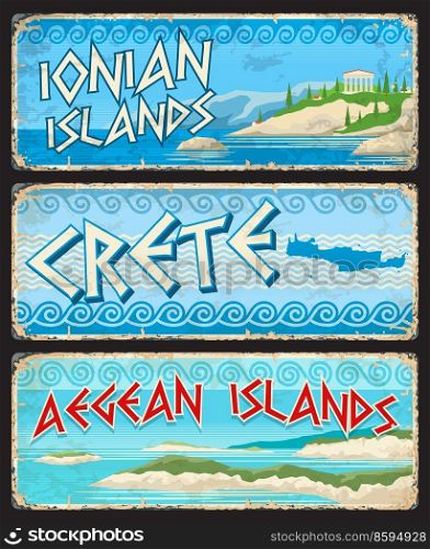 Crete, Ionian and Aegean islands, Greek regions travel stickers and plates, vector tin signs. Greece vintage tourist luggage tags with Greek provinces landmarks and region emblems on metal plates. Crete, Ionian and Aegean islands, Greek regions