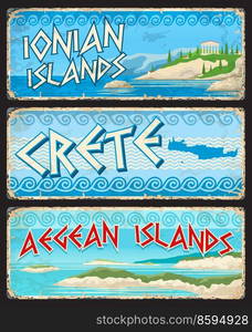 Crete, Ionian and Aegean islands, Greek regions travel stickers and plates, vector tin signs. Greece vintage tourist luggage tags with Greek provinces landmarks and region emblems on metal plates. Crete, Ionian and Aegean islands, Greek regions