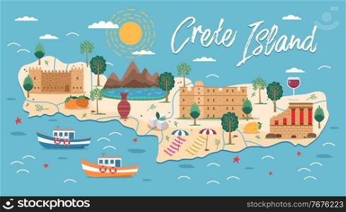 Crete island map with architecture illustration. Crete famous landmarks, city sights. Greece beach landscape. Bay of Chania, Heraklion. Greece Knossos Palace ceremonial and political centre of Minoan. Crete island map with architecture illustration. Bay of Chania, Heraklion. Greece beach landscape