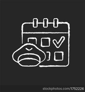 Crew scheduling chalk white icon on black background. Civil aviation industry. Airlines work. Pilots and flight attendants. Silhouette symbol on white space. Isolated vector chalkboard illustration. Crew scheduling chalk white icon on black background