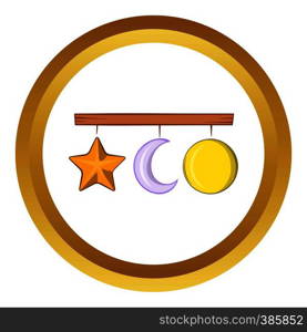 Crib mobile vector icon in golden circle, cartoon style isolated on white background. Crib mobile vector icon, cartoon style