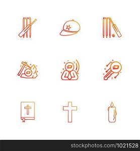 cricket , bat , cap , wicket , axe , bit coin , key , church , cross , candle , bible, icon, vector, design, flat, collection, style, creative, icons
