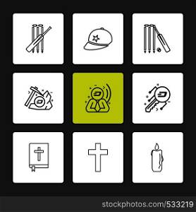 cricket , bat , cap , wicket , axe , bit coin , key , church , cross , candle , bible, icon, vector, design, flat, collection, style, creative, icons