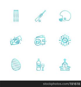 cricket, bat , halmet , money, wallet , ic,  eggs , drink , church ,  icon, vector, design,  flat,  collection, style, creative,  icons