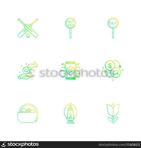 cricket bat , score , not out , out, mobile , crypto currency , flower , fruits ,icon, vector, design, flat, collection, style, creative, icons