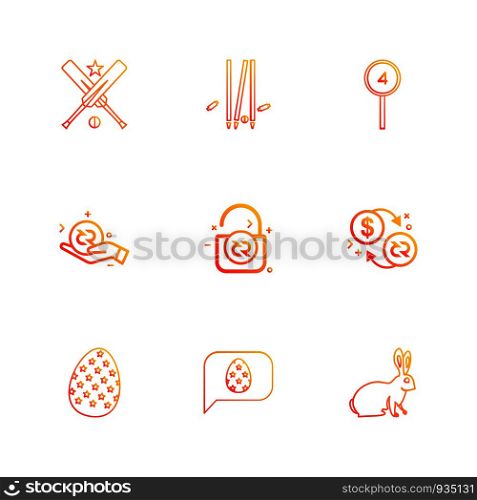 cricket ,bat ,wicket , score , bit coins , rabbit , unlock , egg , icon, vector, design, flat, collection, style, creative, icons