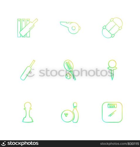 cricket bat , wicket , tennis , pin , whistle , sports , games , fitness , athletics , football , bodybuilding , snooker , ball , cricket , tennis , stopwatch , golf , social , media , icon, vector, design, flat, collection, style, creative, icons