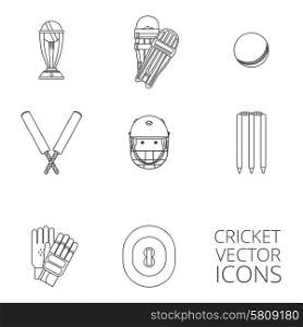 Cricket equipment icons set with keeping gloves and winner trophy sketch abstract black outlined isolated vector illustration. Cricket icons set black outline