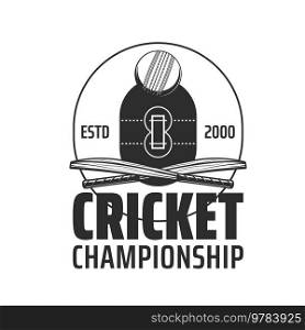Cricket field vector icon with sport ball and crossed bats, pitch, outfield and infield zones of green grass play field. Cricket game ch&ionship match monochrome symbol of sporting competition. Cricket field icon, sport ball and crossed bats