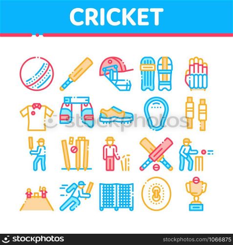 Cricket Game Collection Elements Icons Set Vector Thin Line. Cricket Ball And Bat, T-shirt And Spike Sneakers, Gaming Equipment And Cup Concept Linear Pictograms. Color Contour Illustrations. Cricket Game Collection Elements Icons Set Vector