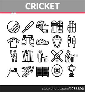 Cricket Game Collection Elements Icons Set Vector Thin Line. Cricket Ball And Bat, T-shirt And Spike Sneakers, Gaming Equipment And Cup Concept Linear Pictograms. Monochrome Contour Illustrations. Cricket Game Collection Elements Icons Set Vector