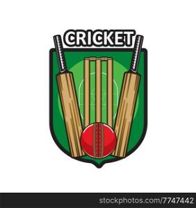 Cricket game icon with sport items. Cricket bats, ball and wood wicket, stumps and bails with green play field on heraldic vector shield, sport club or championship match isolated icon. Cricket game icon with sport items, bats and ball