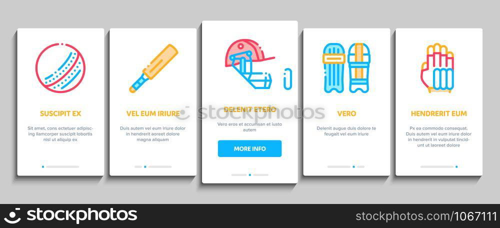 Cricket Game Onboarding Mobile App Page Screen Vector Thin Line. Cricket Ball And Bat, T-shirt And Spike Sneakers, Gaming Equipment And Cup Concept Linear Pictograms. Contour Illustrations. Cricket Game Onboarding Elements Icons Set Vector