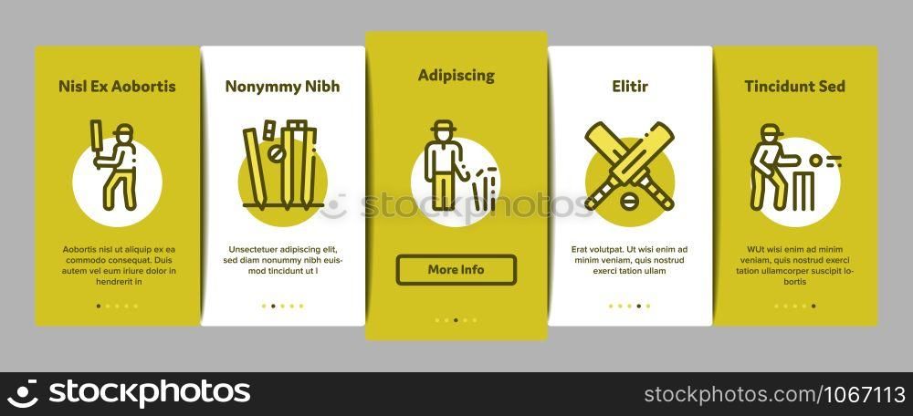 Cricket Game Onboarding Mobile App Page Screen Vector Thin Line. Cricket Ball And Bat, T-shirt And Spike Sneakers, Gaming Equipment And Cup Concept Linear Pictograms. Contour Illustrations. Cricket Game Onboarding Elements Icons Set Vector
